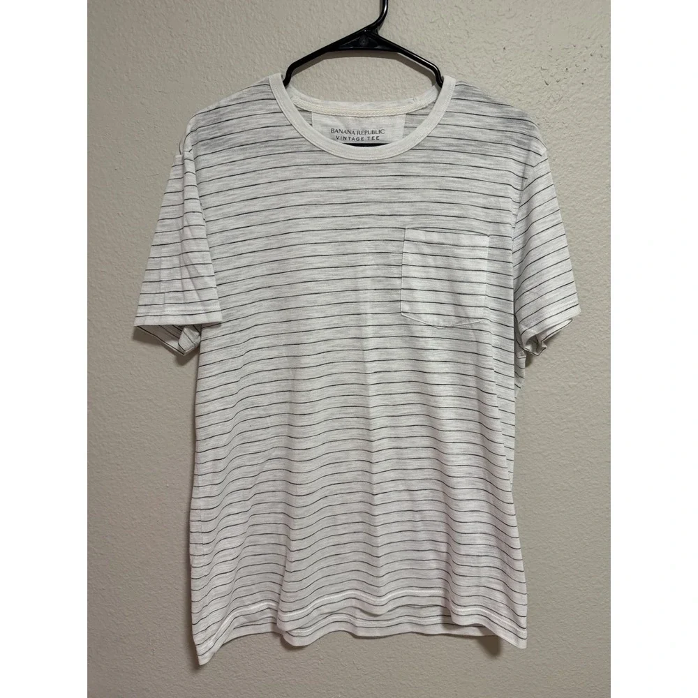 Banana Republic Vintage Tee Mens Large White Navy Striped Linen Pocket T-Shirt